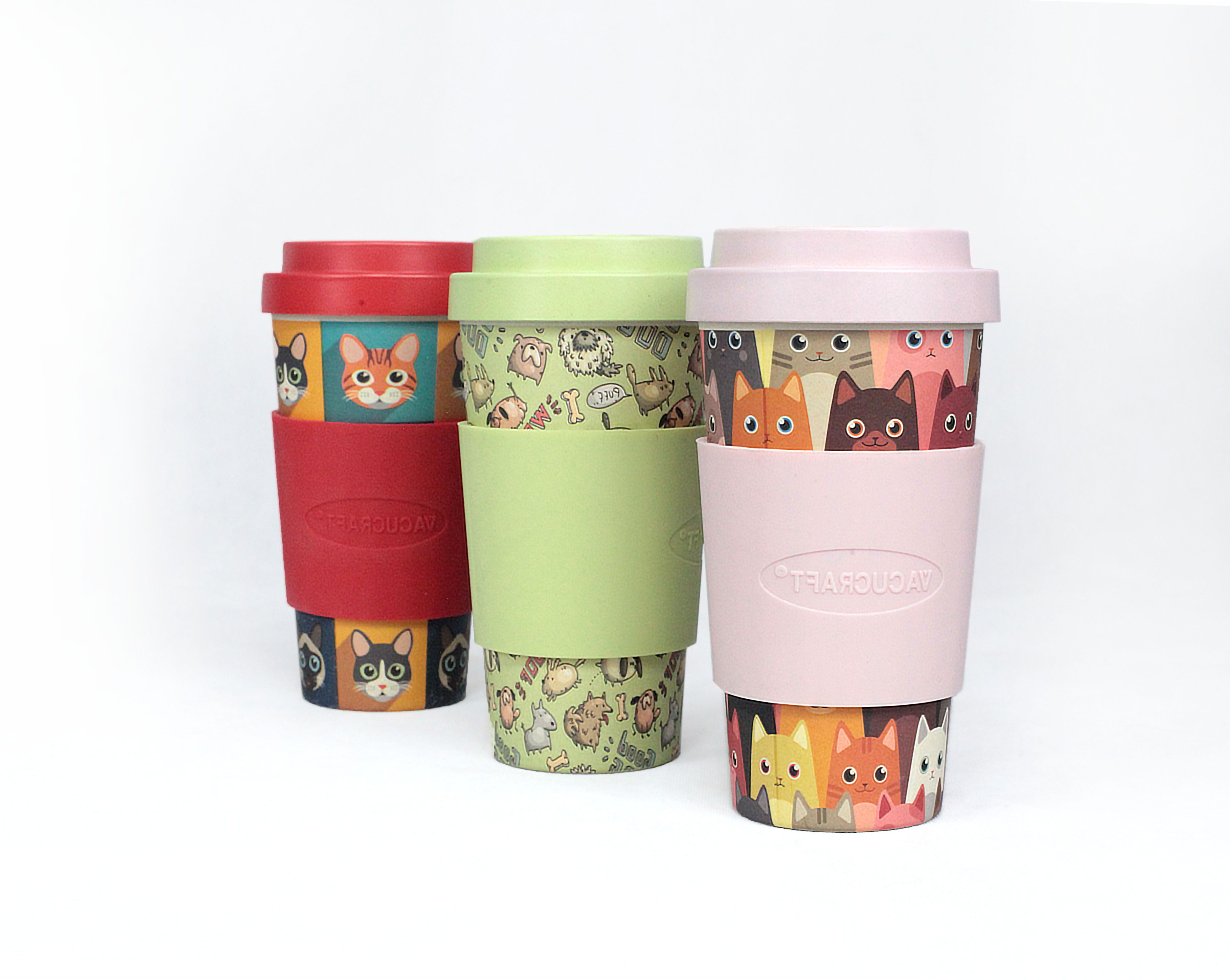 Vacucraft Bambu Kaffe & Te Kopp PET EDITION – 590 ml, Rosa med Kattmotiv